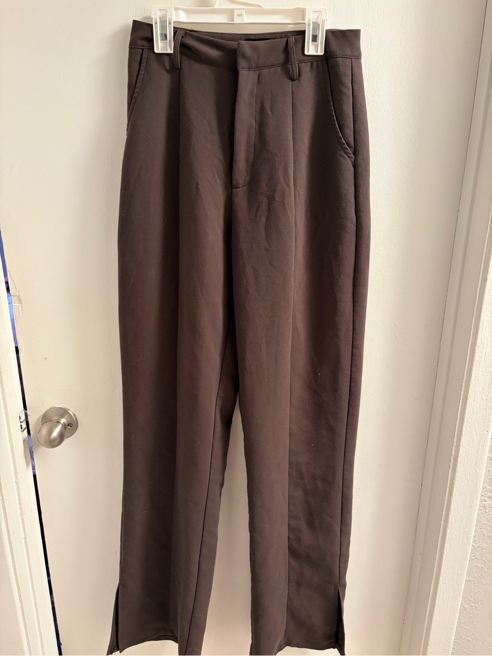 PrettyLittleThing Chocolate Brown High Waisted Split Hem Straight Leg Trousers 6